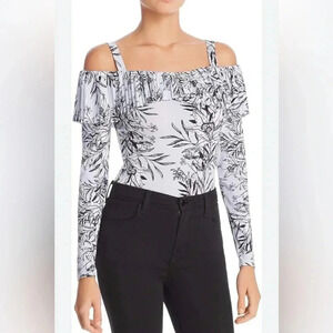 Guess Gorgeous Ruffle/Pleated Overlay‎ Bodysuit White/Black Women’s Small EUC